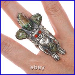 Sz7.5 Jerry Roan Navajo Sterling silver Kachina ring Variscite coral eyes