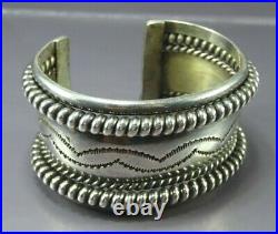 TAHE NAVAJO Sterling Silver WIDE CUFF BRACELET Stamped 7 ROWS withCOILS Heavy