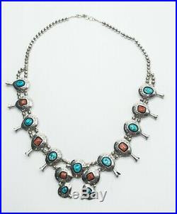 Teddy Goodluck Sterling Silver Turquoise Coral Navajo Necklace Squash Blossom
