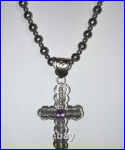 Textured Sterling Ball Bead Necklace THE MET Signed W Navajo Signed NA Pendant
