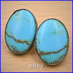Traditional Navajo Pawn Handmade Oval Turquoise Sterling Silver Post Earrings
