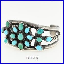 Traditional Navajo Sterling Silver 14 Turquoise Stone Cluster Cuff Bracelet