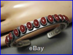 Tremendous Vintage Navajo Intense Oval Red Coral Sterling Silver Bracelet