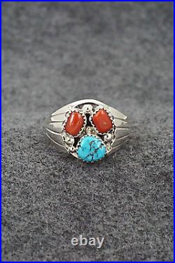 Turquoise, Coral and Sterling Silver Ring Annie Spencer Size 13.5