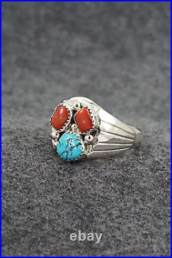 Turquoise, Coral and Sterling Silver Ring Annie Spencer Size 13.5