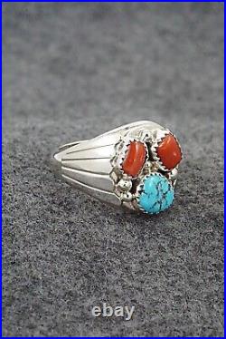 Turquoise, Coral and Sterling Silver Ring Annie Spencer Size 13.5