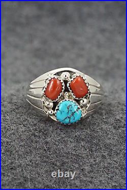 Turquoise, Coral and Sterling Silver Ring Annie Spencer Size 13.5