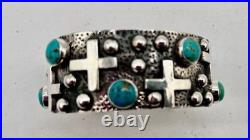Turquoise Sterling Bracelet Bonfe Leather Workshop Navajo Cuff Cross