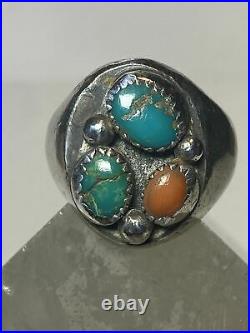 Turquoise ring coral Navajo sterling silver women men size