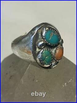 Turquoise ring coral Navajo sterling silver women men size