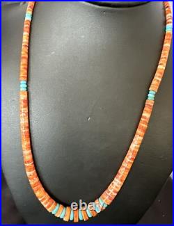 USA Spiny Oyster Turquoise Graduated Navajo Sterling Silver Necklace 18273