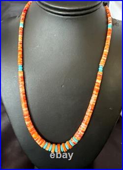 USA Spiny Oyster Turquoise Graduated Navajo Sterling Silver Necklace 18273