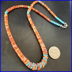USA Spiny Oyster Turquoise Graduated Navajo Sterling Silver Necklace 18273