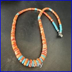 USA Spiny Oyster Turquoise Graduated Navajo Sterling Silver Necklace 18273