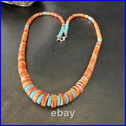 USA Spiny Oyster Turquoise Graduated Navajo Sterling Silver Necklace 18273