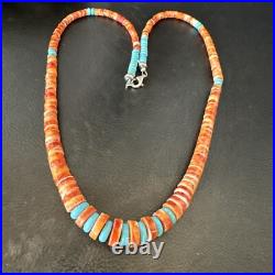 USA Spiny Oyster Turquoise Graduated Navajo Sterling Silver Necklace 18273
