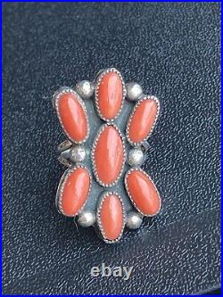 VINTAGE 1980s NAVAJO Mediterranean Coral STERLING SILVER RING Size 7.25