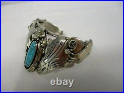 VINTAGE NATIVE AMERICAN NAVAJO STERLING CUFF BRACELET w TURQUOISE MOTH BUTTERFLY