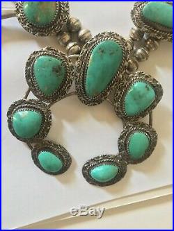 VINTAGE NAVAJO TURQUOISE STERLING SILVER SQUASH BLOSSOM NECKLACE Bluish Green
