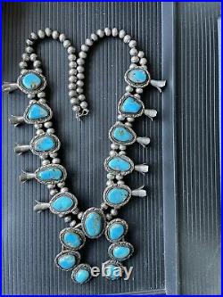 VINTAGE NAVAJO TURQUOISE STERLING SILVER SQUASH BLOSSOM NECKLACE WithRING C1960