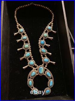 VINTAGE Navajo SQUASH BLOSSOM TURQUOISE Sterling SILVER NECKLACE