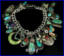 VINTAGE Old PAWN Navajo CORAL & TURQUOISE Mixed Charm Cluster Sterling Bracelet