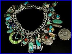 VINTAGE Old PAWN Navajo CORAL & TURQUOISE Mixed Charm Cluster Sterling Bracelet
