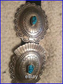 VINTAGE STERLING SILVER Turquoise Navajo Concho Leather Belt 383 grams