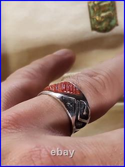 VINTAGE Signed NAVAJO STERLING SILVER & RED CORAL RING size 9