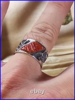 VINTAGE Signed NAVAJO STERLING SILVER & RED CORAL RING size 9