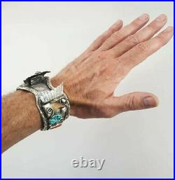 VTG Mens Navajo Sterling Silver Turquoise Coral Bear Claw Watch Cuff Bracelet