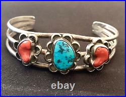 VTG Native American NAVAJO STERLING SILVER TURQUOISE CORAL CUFF BRACELET SIGNED