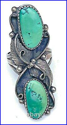 VTG Navajo Long Turquoise Sterling Silver Sz 8 Ring 2 Beautiful Green Cerrillos