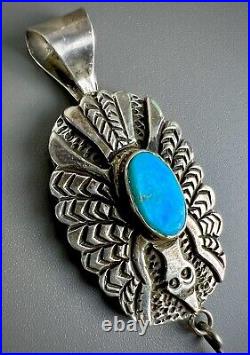 Vintage 1940's Navajo Sterling Silver Peyote Bird Turquoise Blossom Pendant RARE