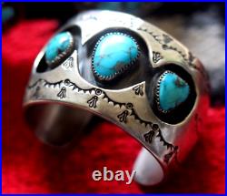 Vintage 3-STONE SHADOWBOX MORENCI TURQUOISE CUFF sterling silver 6 Navajo