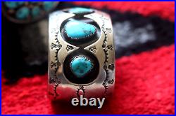 Vintage 3-STONE SHADOWBOX MORENCI TURQUOISE CUFF sterling silver 6 Navajo