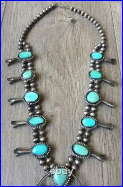 Vintage (5.72 Oz.) 26 Long Navajo Turquoise & Sterling Squash Blossom Necklace