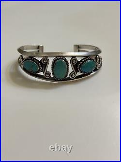 Vintage 925 Sterling Silver Native Navajo Turquoise 3 Stone Cuff Bracelet TESTED