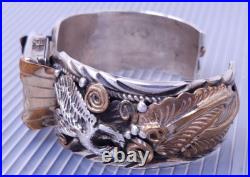 Vintage Allen Chee Navajo Sterling Silver Eagle Cuff Bracelet Watch