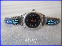 Vintage Cb Charlie Bowie Navajo Sterling Silver Watch Opal/onyx/blue Papis Inlay