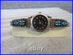 Vintage Cb Charlie Bowie Navajo Sterling Silver Watch Opal/onyx/blue Papis Inlay