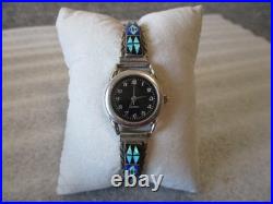 Vintage Cb Charlie Bowie Navajo Sterling Silver Watch Opal/onyx/blue Papis Inlay