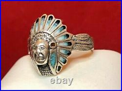 Vintage Estate Sterling Silver Native American Headdress Turquoise Signed