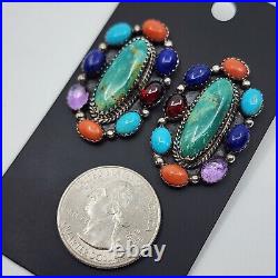 Vintage Genuine Navajo Sterling Silver Turquoise Multi Stone Cluster Earrings