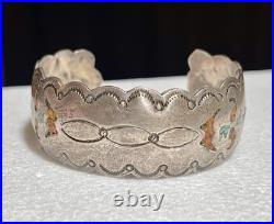 Vintage Gilbert Ortega Shop Sterling Silver Turquoise & Coral Inlay Bracelet