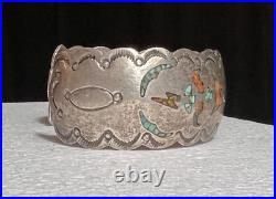 Vintage Gilbert Ortega Shop Sterling Silver Turquoise & Coral Inlay Bracelet