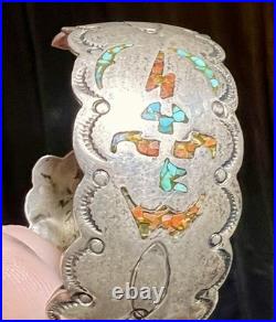 Vintage Gilbert Ortega Shop Sterling Silver Turquoise & Coral Inlay Bracelet