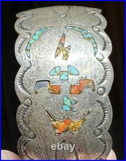 Vintage Gilbert Ortega Shop Sterling Silver Turquoise & Coral Inlay Bracelet