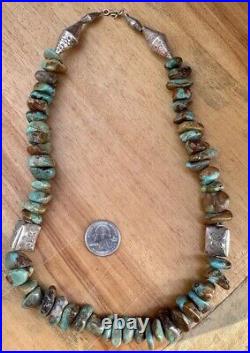 Vintage Handmade Navajo Sterling Silver Natural Royston Turquoise Bead Necklace