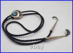 Vintage Leather Navajo Bear Claw Tips Bolo Sterling Silver Turquoise Cutouts